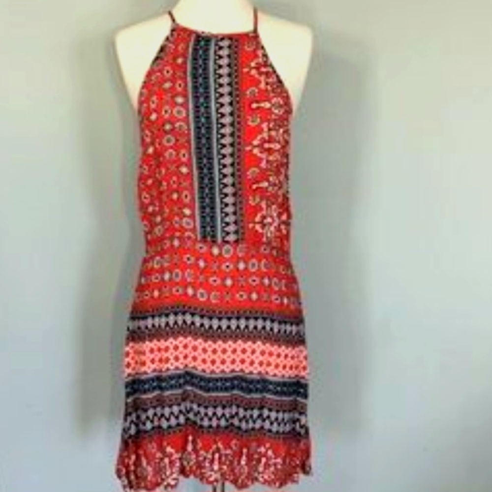 Chelsea & Violet SP Bright Mini Summer  Adj X Back Halter Dress Fun Summer Boho